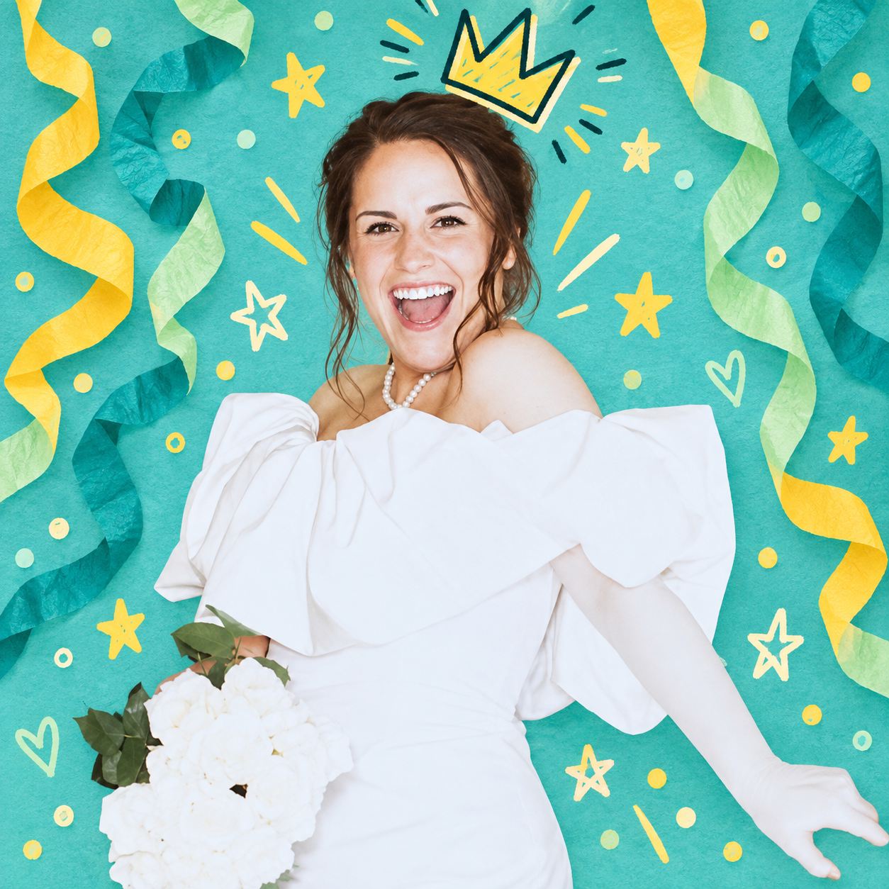 Lexi laughing in a white dress against a playful birthday backdrop with a doodled crown