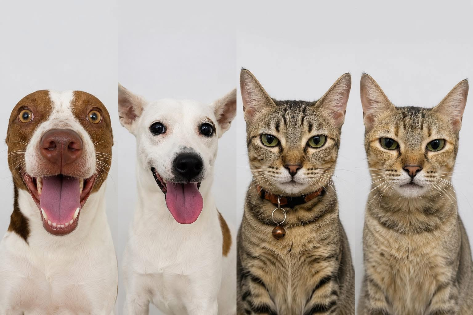 Two happy dogs and two tabby cats, Lexi's birthday committee